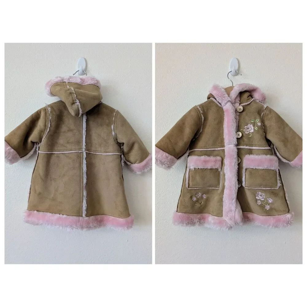 The Children's Place Baby Girl Faux Suede Sherpa Coat Pink Hooded 6-9M